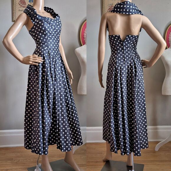 Laura Ashley Dresses & Skirts - NWT Vintage 90s Laura Ashley Maxi Dress Navy Polka Dot Cottagecore Size 4